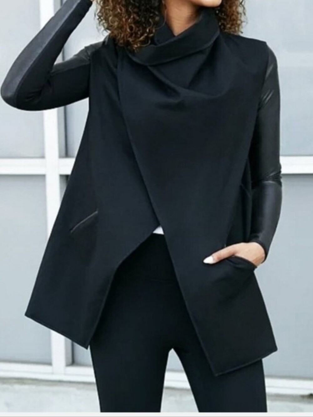 SPANX Black Draped Open-Front Blazer with Faux-Leather Sleeves
